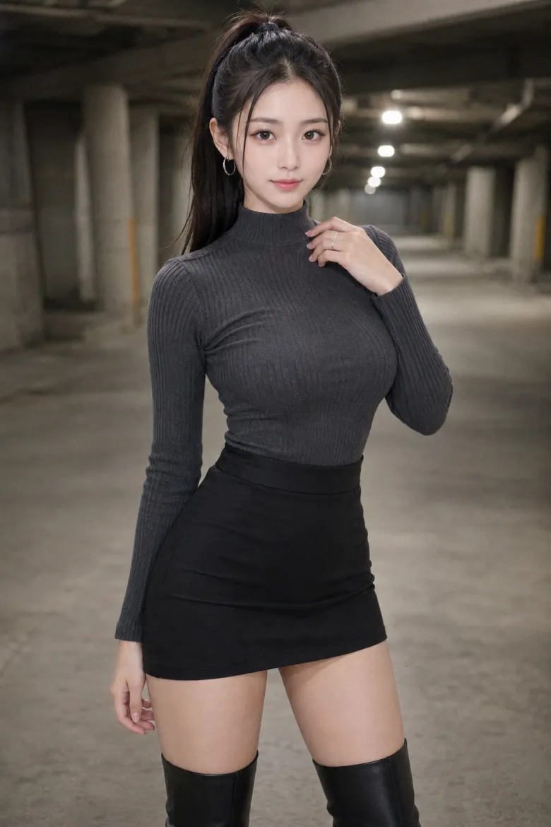 実写AI美女版｜チャコールグレーのリブハイネックニットと黒のハイウエストタイトミニ、黒サイハイブーツのコーデ