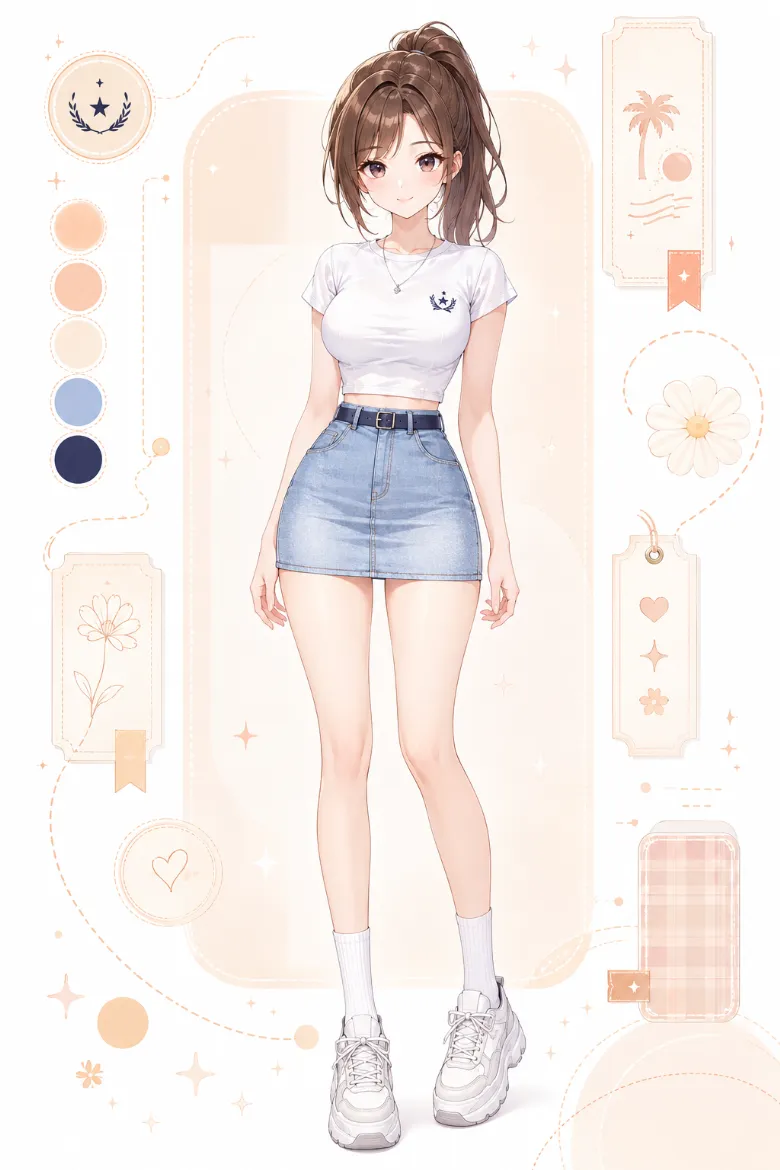 AIイラスト版｜白のコンパクトTシャツとライトブルーのデニムタイトミニ、白厚底スニーカーのコーデ