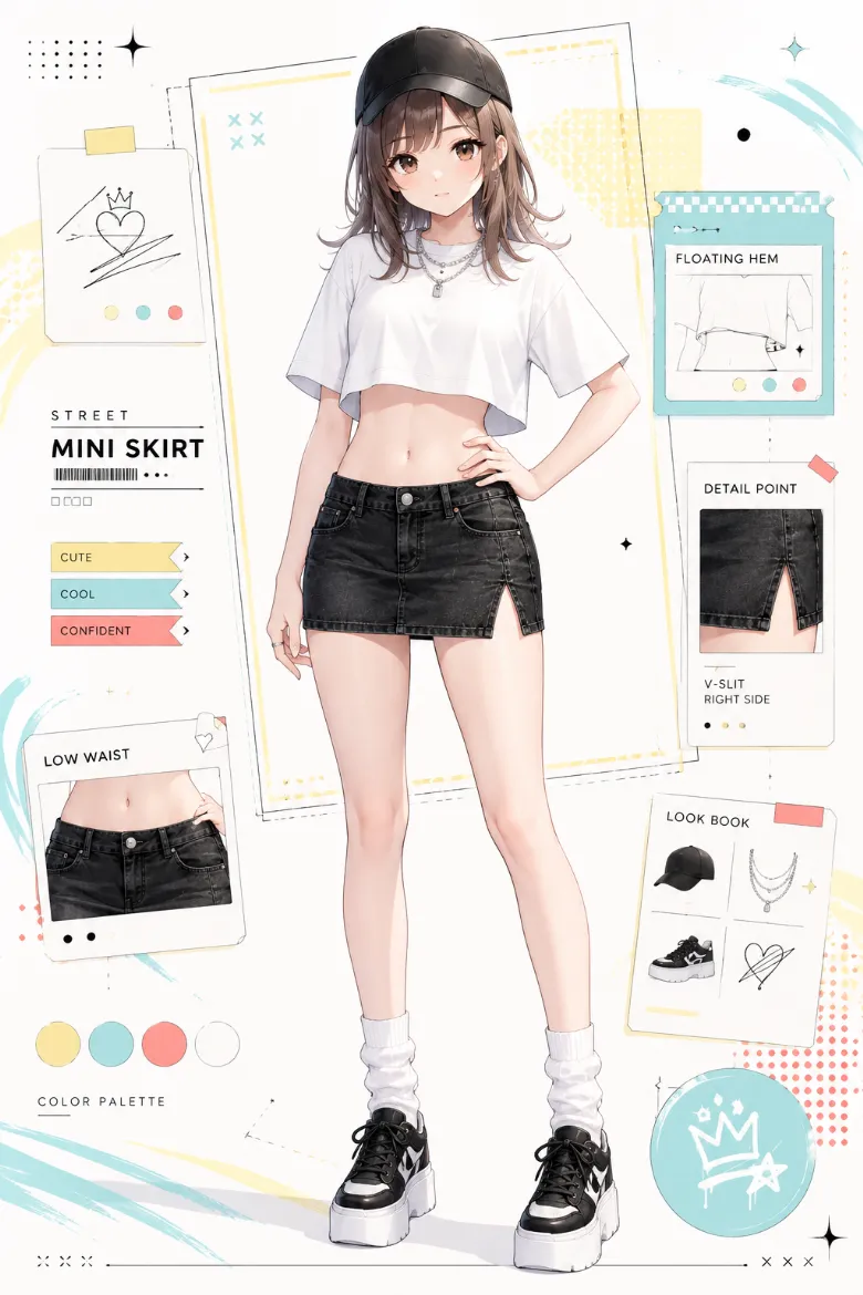 AIイラスト版｜白のクロップドTシャツとウォッシュブラックのローライズタイトミニ、黒厚底スニーカーのコーデ