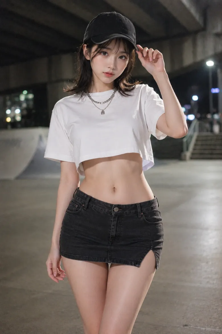 実写AI美女版｜白のクロップドTシャツとウォッシュブラックのローライズタイトミニ、黒厚底スニーカーのコーデ