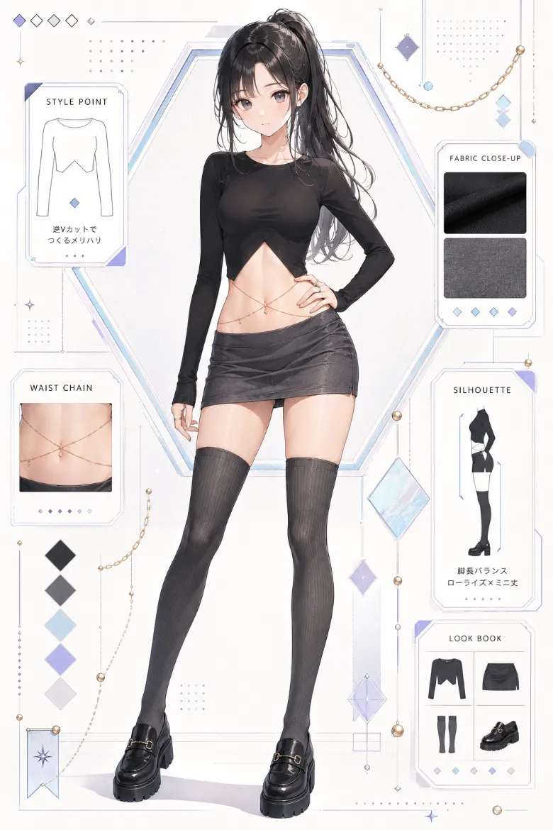 AIイラスト版｜黒のVカットクロップドトップスとダークグレーのローライズタイトミニ、ニーハイソックスのコーデ