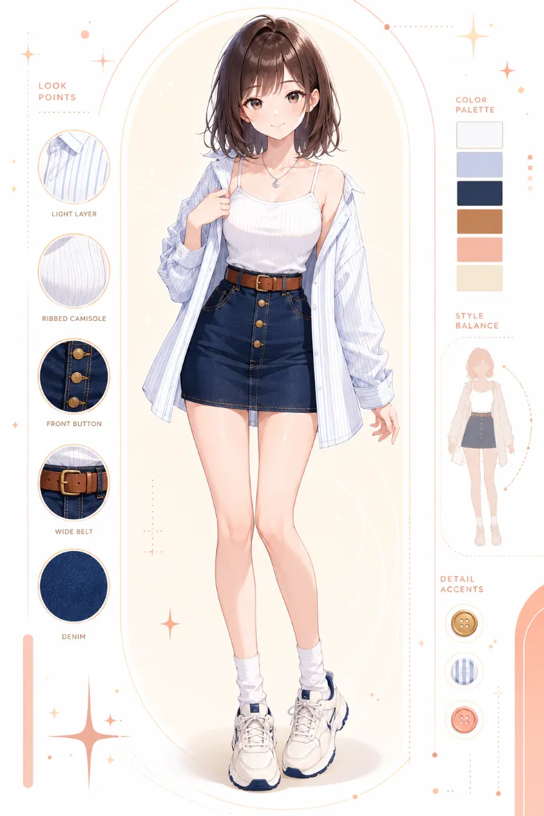 AIイラスト版｜白キャミとブルーストライプシャツ、インディゴデニムのタイトミニを合わせたコーデ