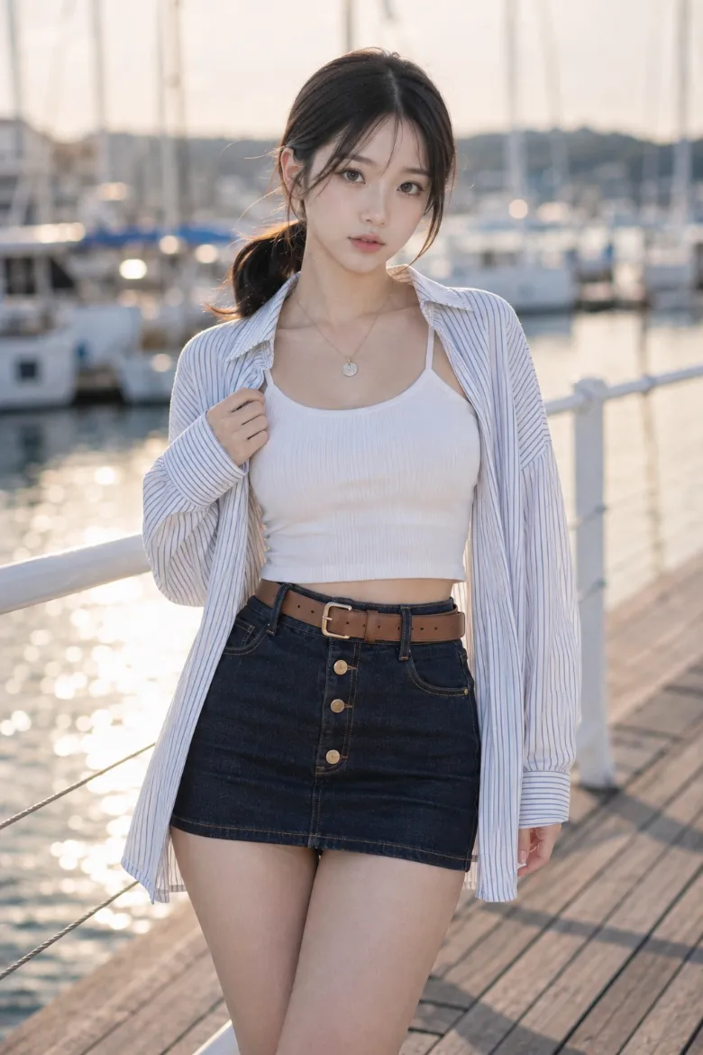 実写AI美女版｜白キャミとブルーストライプシャツ、インディゴデニムのタイトミニを合わせたコーデ