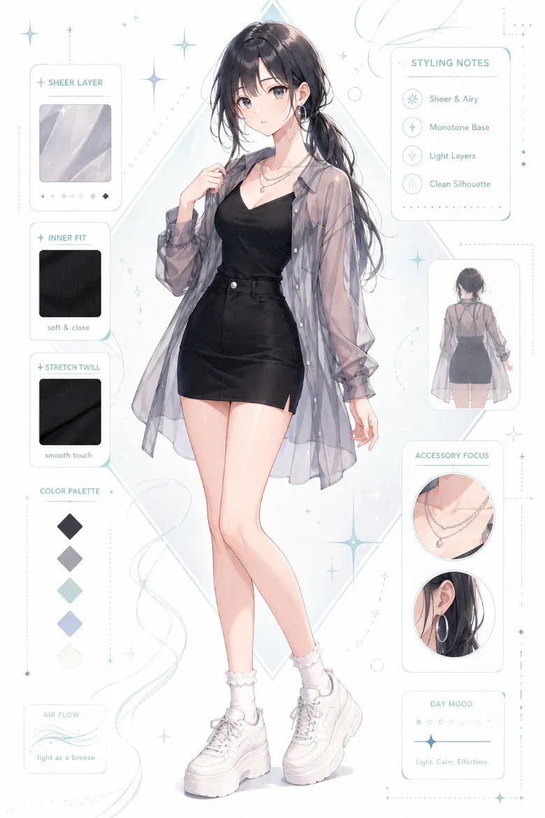AIイラスト版｜黒キャミとスモーキーグレーのシアーシャツ、黒のハイウエストタイトミニのコーデ
