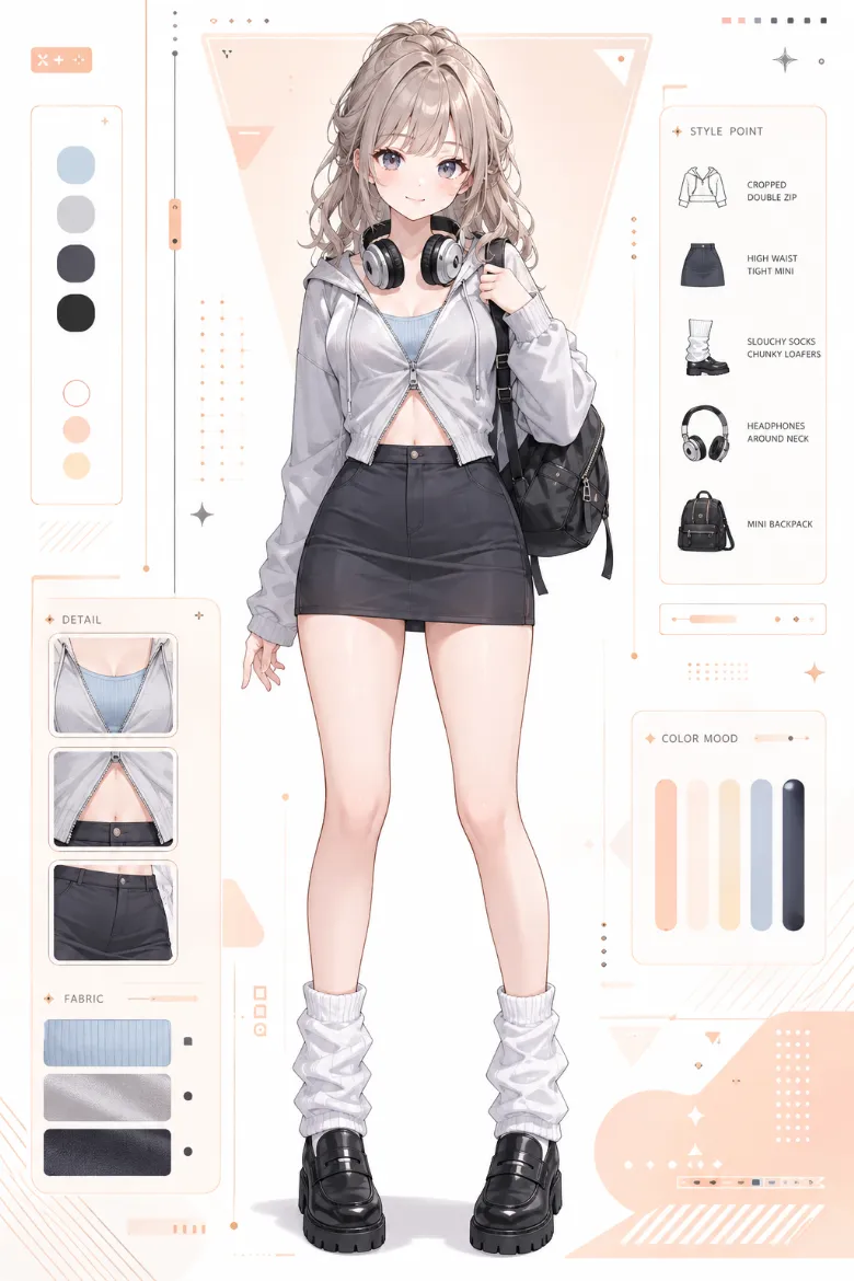 AIイラスト版｜淡いブルーのキャミとグレーのショート丈パーカー、チャコールグレーのタイトミニのコーデ