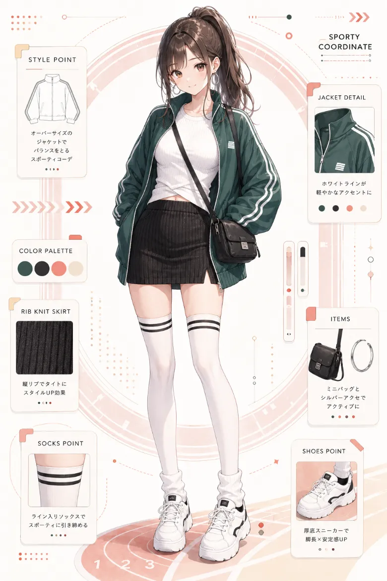 AIイラスト版｜白リブTシャツとダークグリーンのトラックジャケット、黒リブニットタイトミニのコーデ
