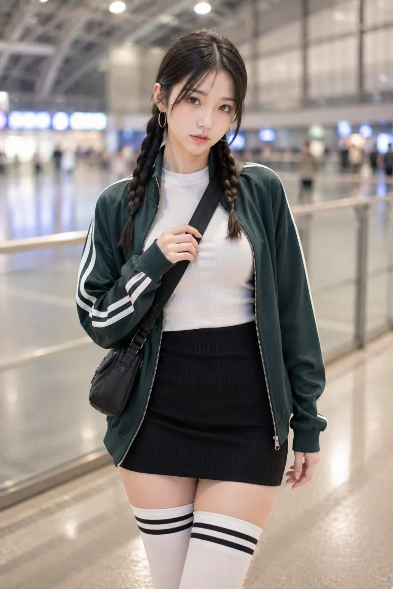 実写AI美女版｜白リブTシャツとダークグリーンのトラックジャケット、黒リブニットタイトミニのコーデ