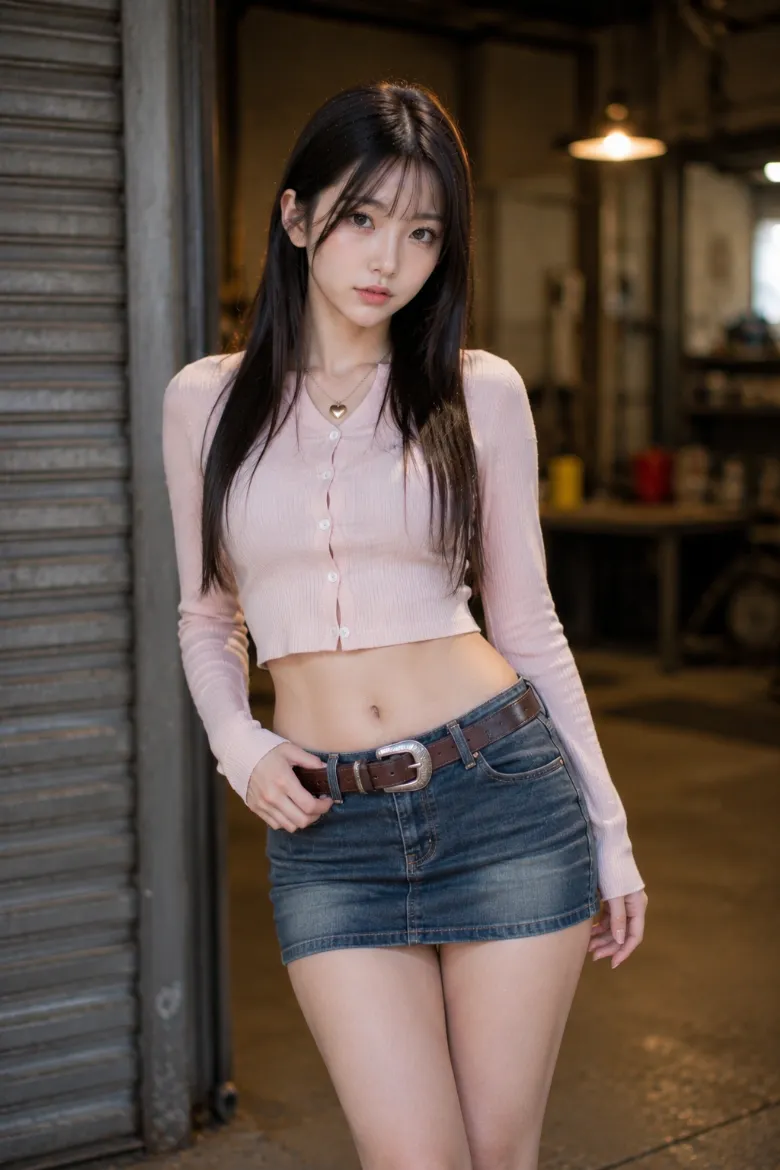実写AI美女版｜淡いピンクのクロップドカーディガンとヴィンテージ風デニムのローライズタイトミニのコーデ