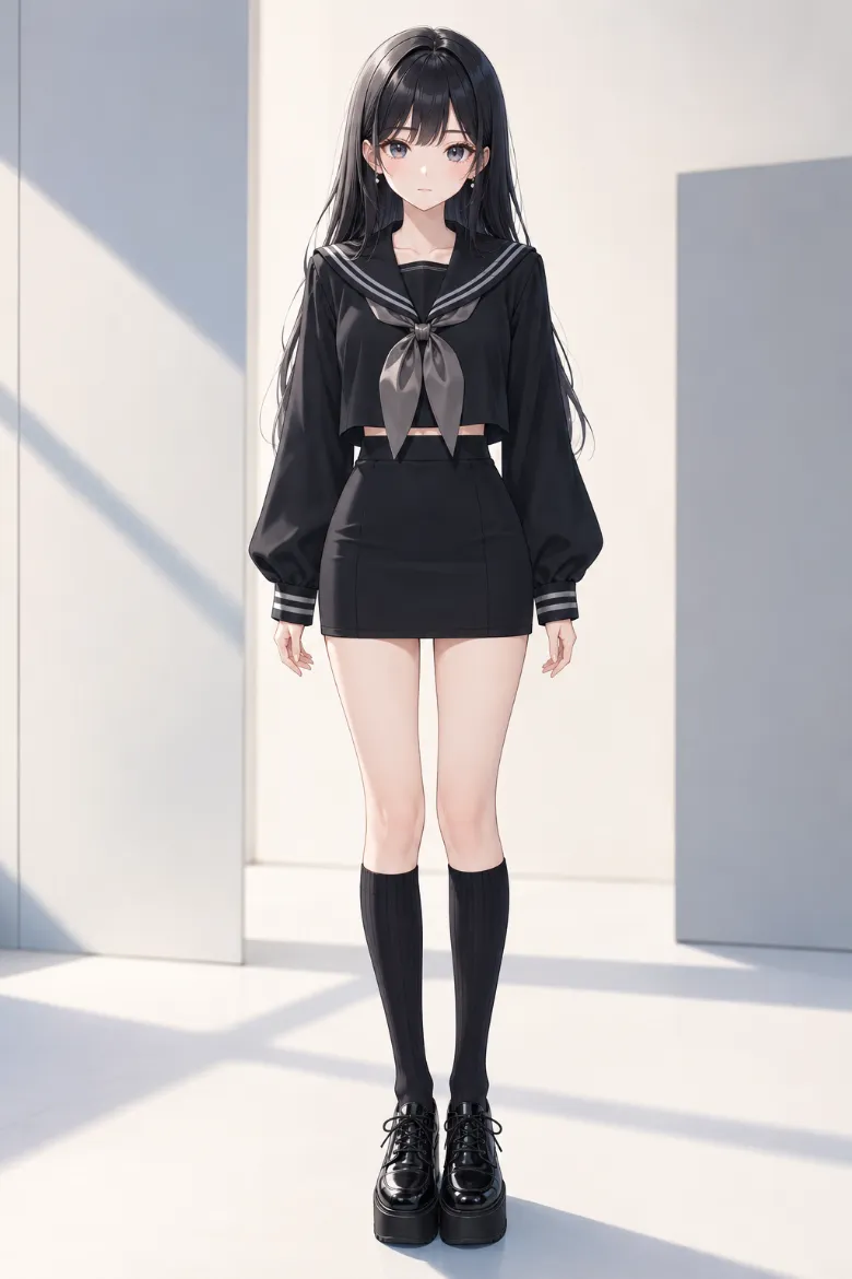 AIイラスト版｜黒のセーラーカラートップスとグレーのネッカチーフ、黒のハイウエストタイトミニのコーデ