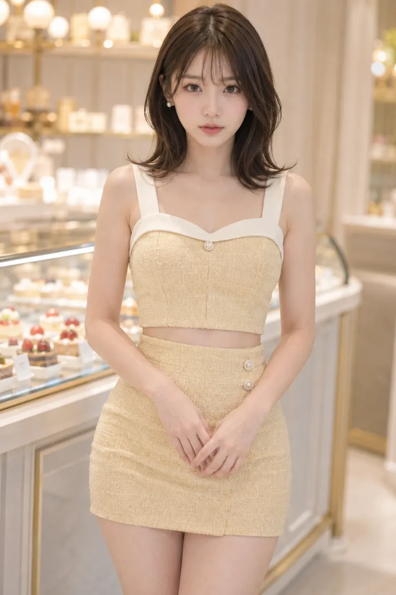 実写AI美女版｜淡いバターイエローのツイード調ビスチェと同素材のハイウエストタイトミニのコーデ