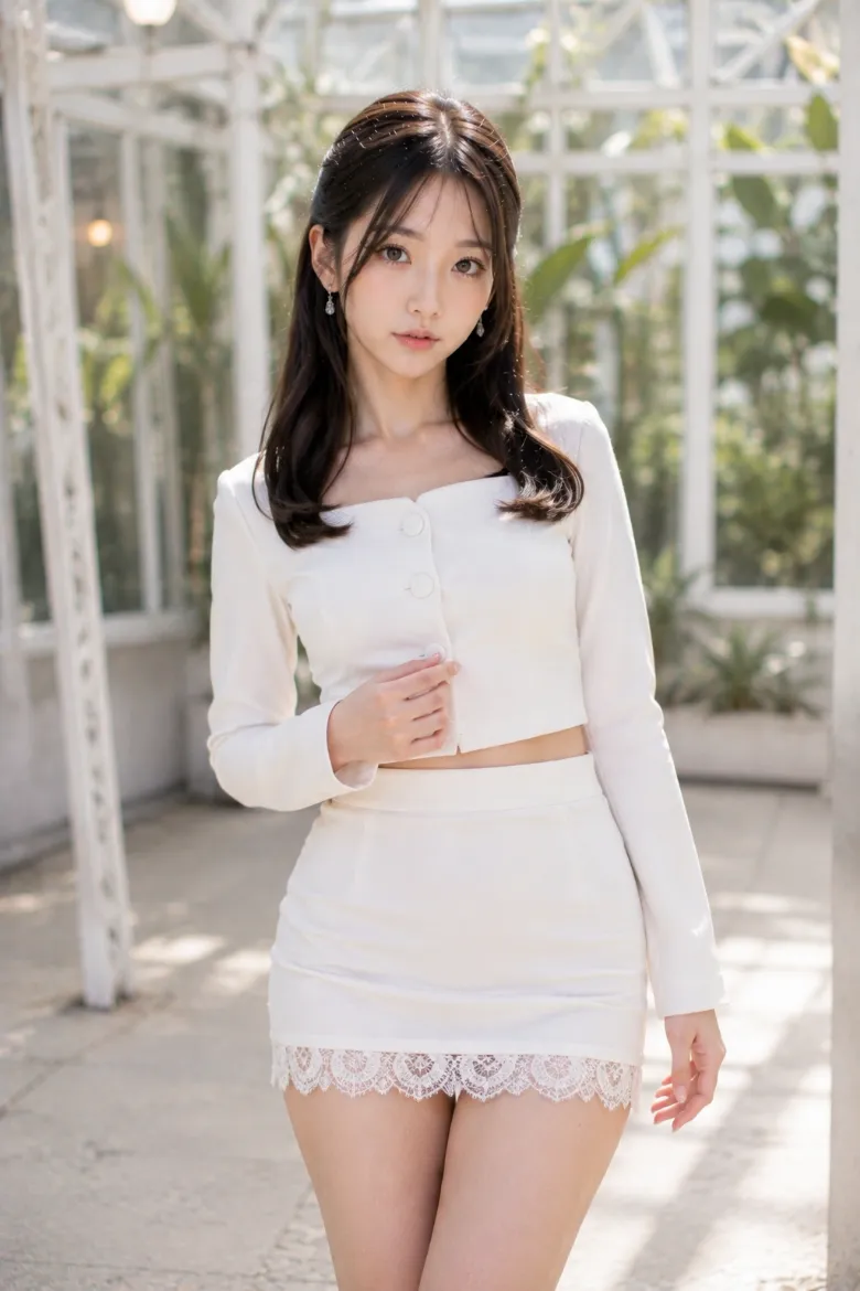 実写AI美女版｜白のショート丈ノーカラートップスとレース裾の白タイトミニ、白スリングバックのコーデ