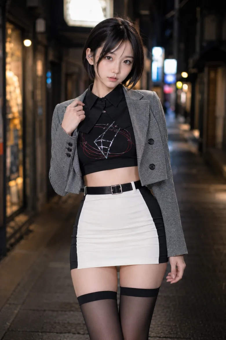 実写AI美女版｜黒トップスとグラフィックキャミ、グレンチェックジャケット、白黒切り替えタイトミニのコーデ