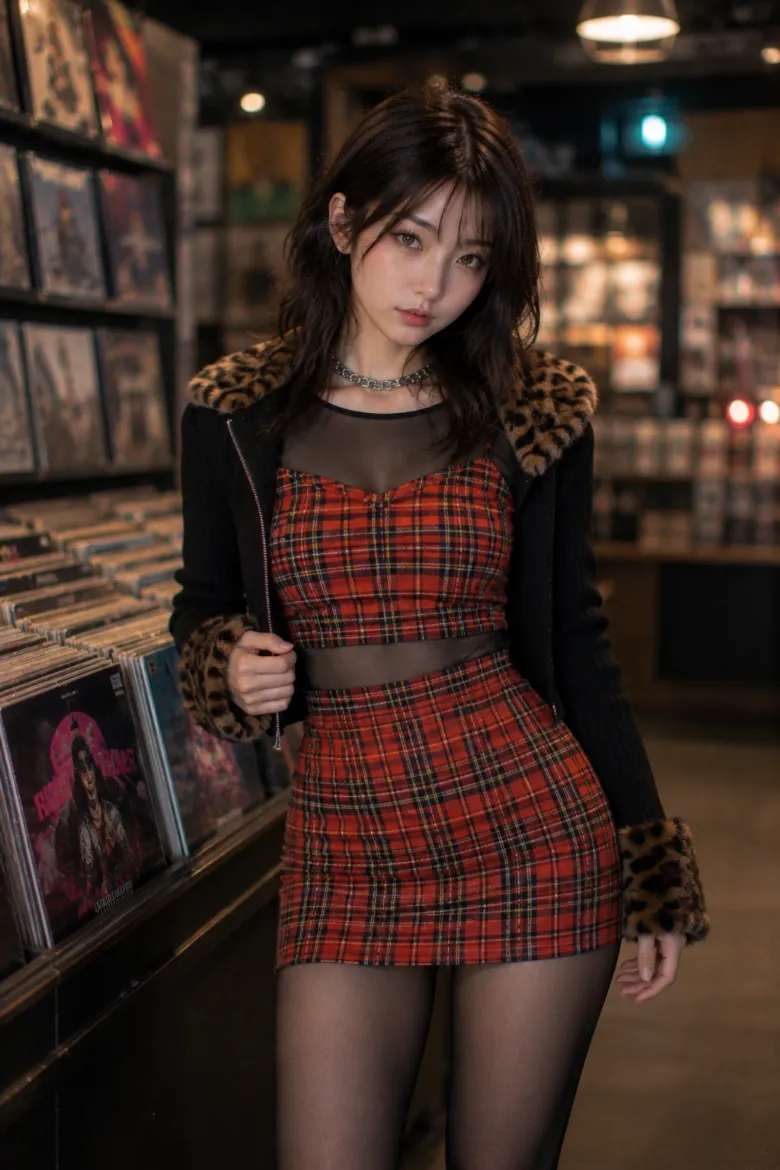 実写AI美女版｜黒シアートップスと赤系チェックキャミ、レオパードファー付きカーディガンとタイトミニのコーデ