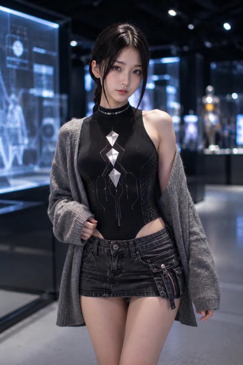 実写AI美女版｜黒のハイネックボディスーツとグレーのオーバーカーディガン、チャコールデニムのローライズタイトミニのコーデ