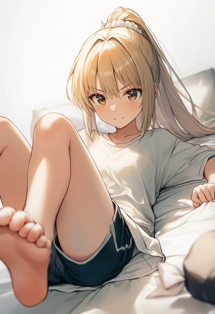 足の指をぎゅっと丸めるポーズのAIイラスト