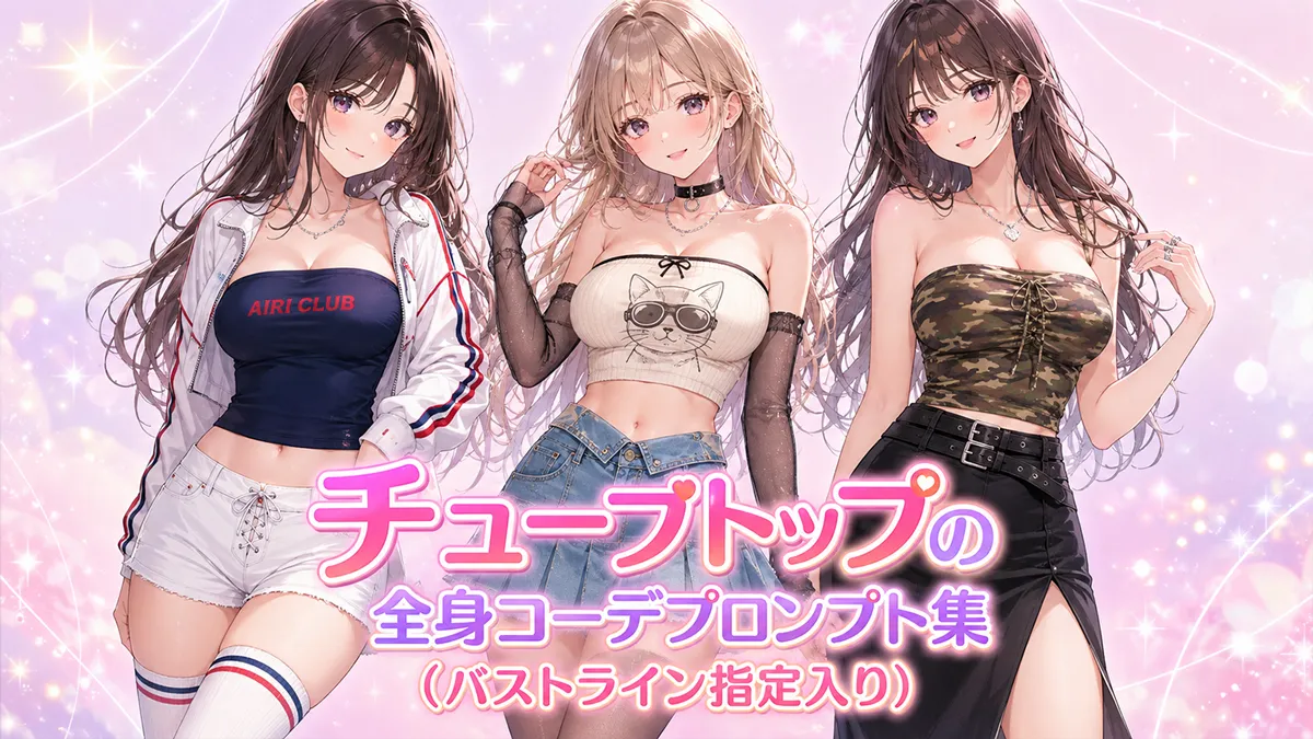 チューブトップの全身コーデプロンプト集（バストライン指定入り）