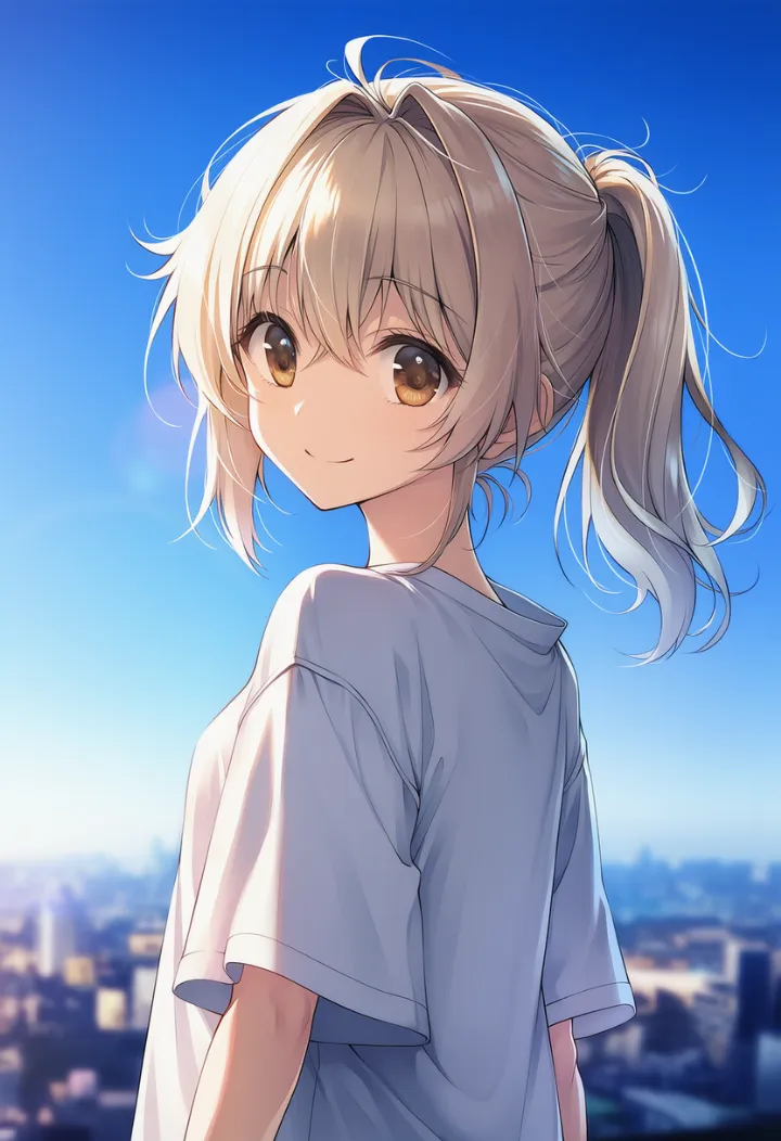 オーバーサイズTシャツ姿で、街を背景に顔だけ振り返る女性のAIイラスト