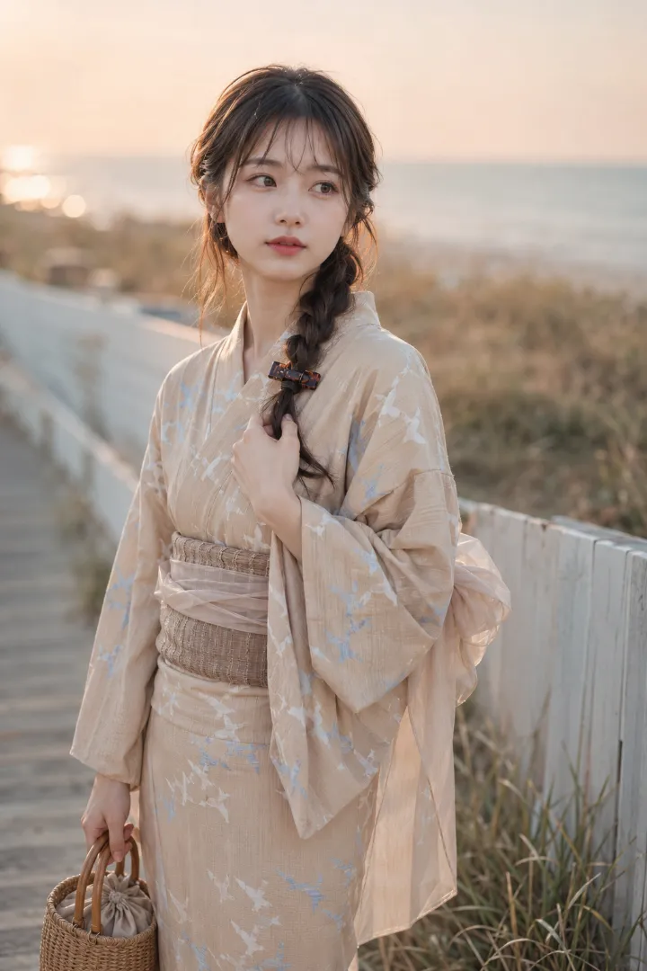実写AI美女版｜カフェオレベージュの千鳥柄浴衣に重ね帯を合わせた浴衣コーデ