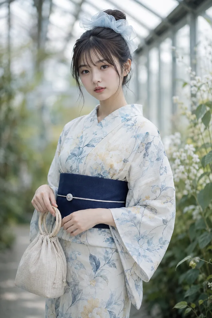 実写AI美女版｜淡い水彩ボタニカル柄浴衣に濃紺の半幅帯を合わせた浴衣コーデ