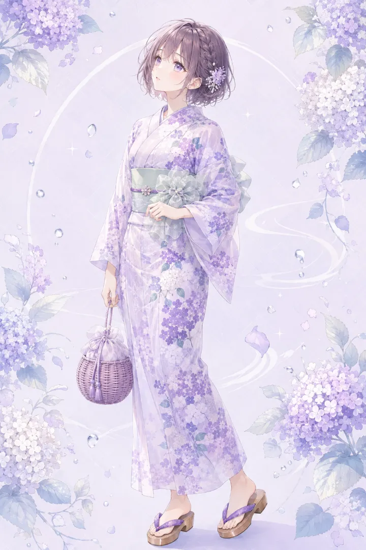 AIイラスト版｜ライラックの紫陽花柄浴衣にミントグリーンの兵児帯を合わせた浴衣コーデ