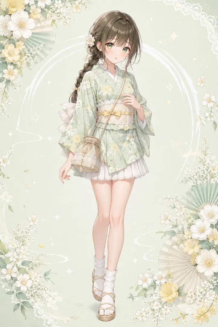 AIイラスト版｜ミントグリーンの小花柄ミニ浴衣に白プリーツスカートを重ねたコーデ