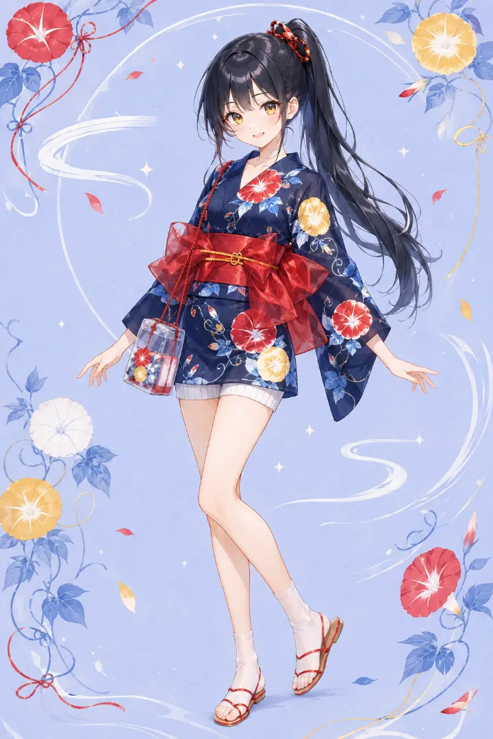 AIイラスト版｜濃紺の朝顔柄ミニ浴衣にリブニットショートパンツを重ねたコーデ