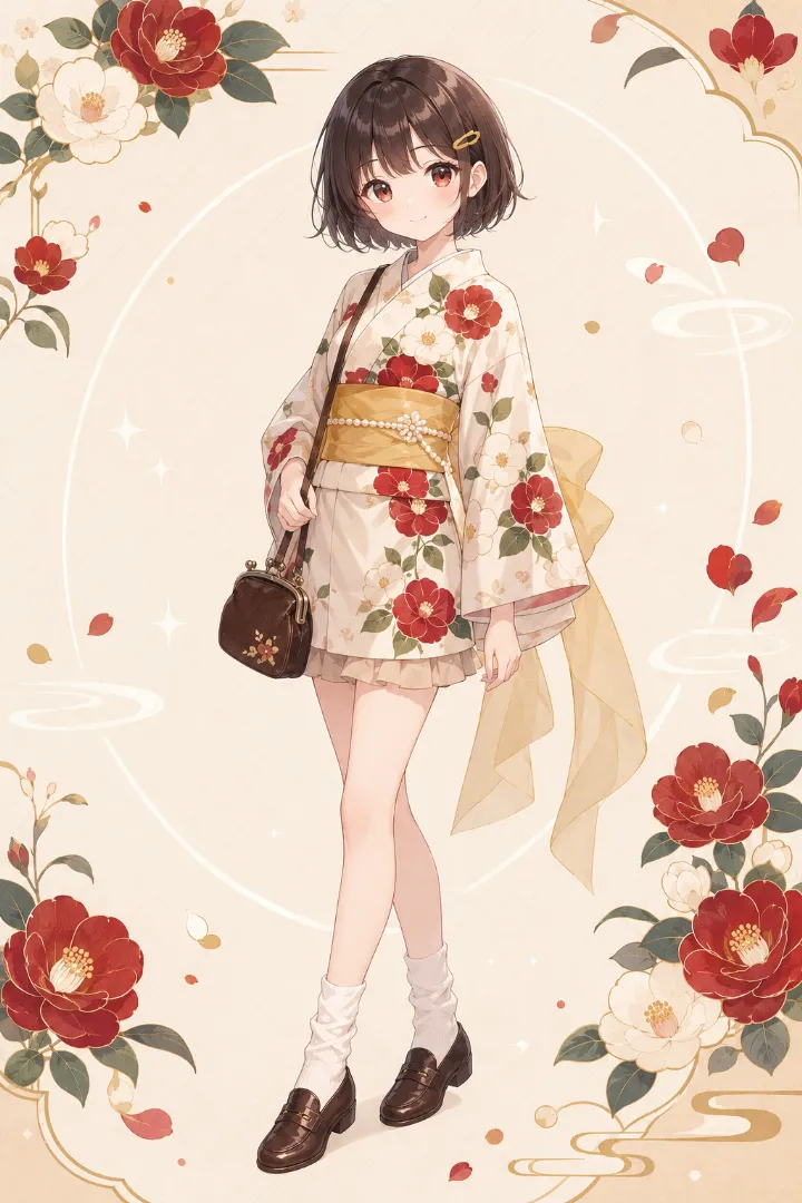 AIイラスト版｜オフホワイトの椿柄ミニ浴衣にローファーを合わせた和洋ミックスコーデ