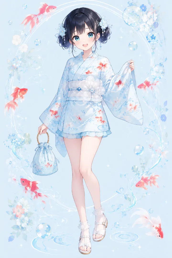 AIイラスト版｜水色の金魚と波紋柄ミニ浴衣にサテンショートパンツを重ねたコーデ