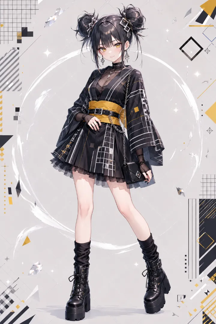 AIイラスト版｜黒の縦縞と格子柄ミニ浴衣にシアートップスと厚底ブーツを合わせたコーデ