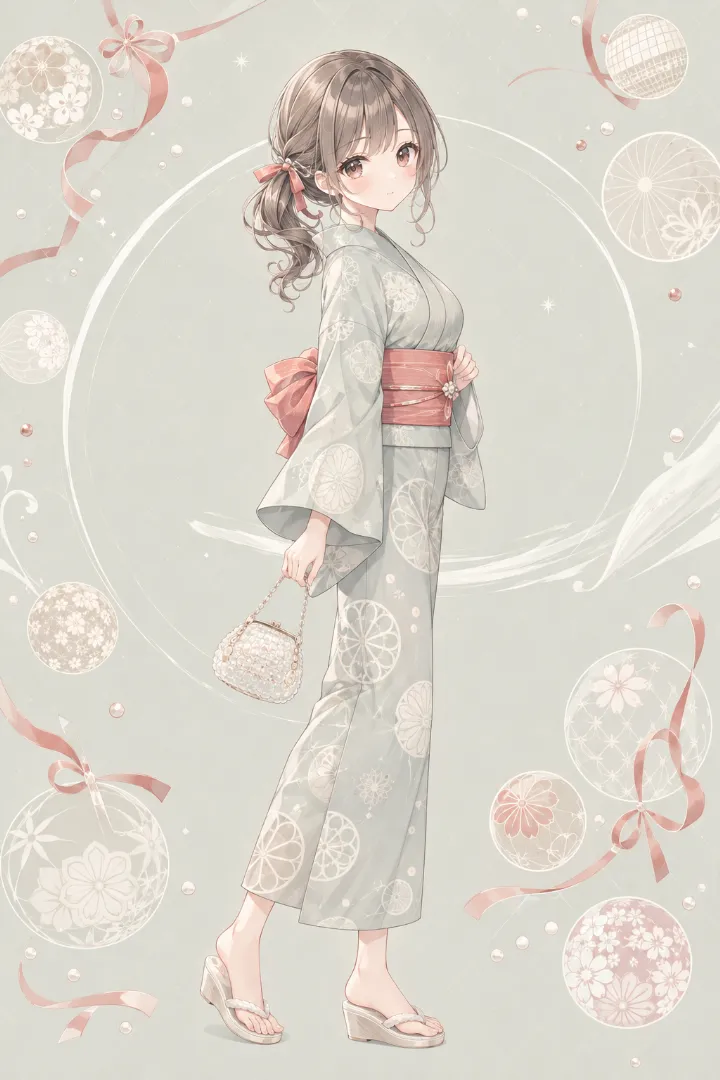 AIイラスト版｜セージグレーの雪輪柄を使った二部式浴衣コーデ