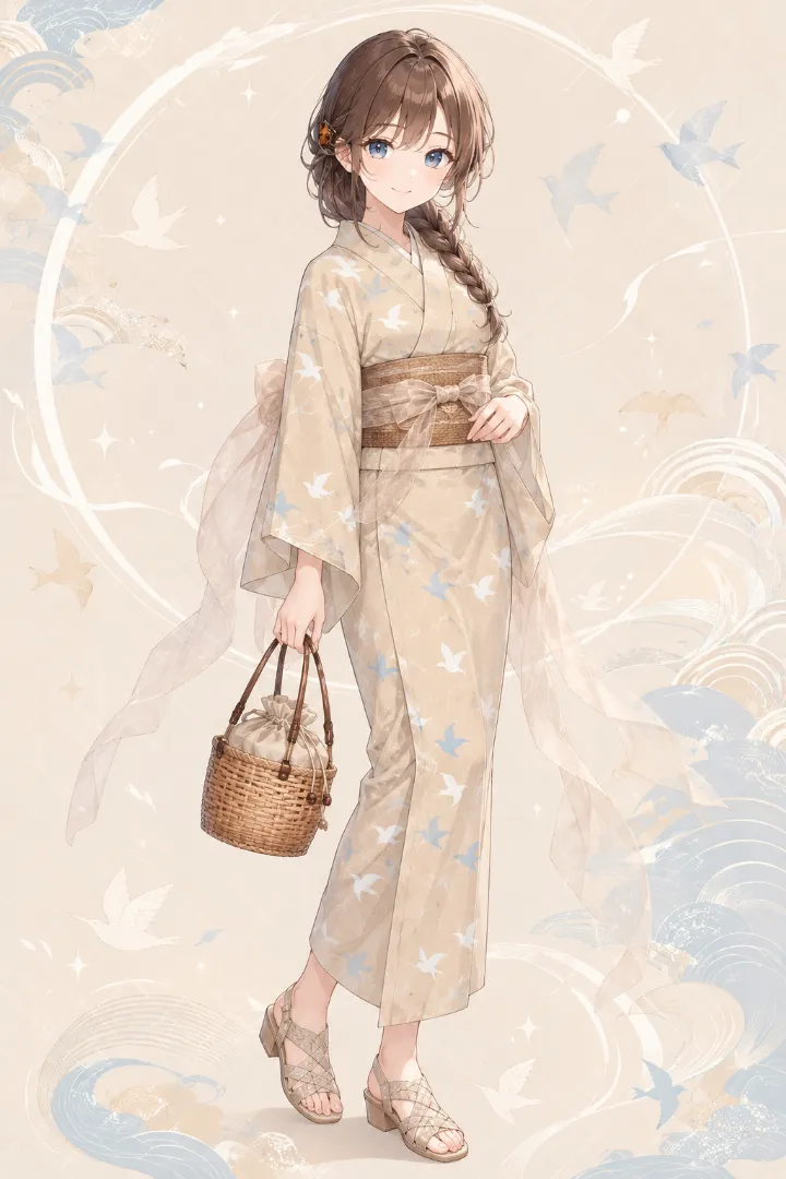 AIイラスト版｜カフェオレベージュの千鳥柄浴衣に重ね帯を合わせた浴衣コーデ