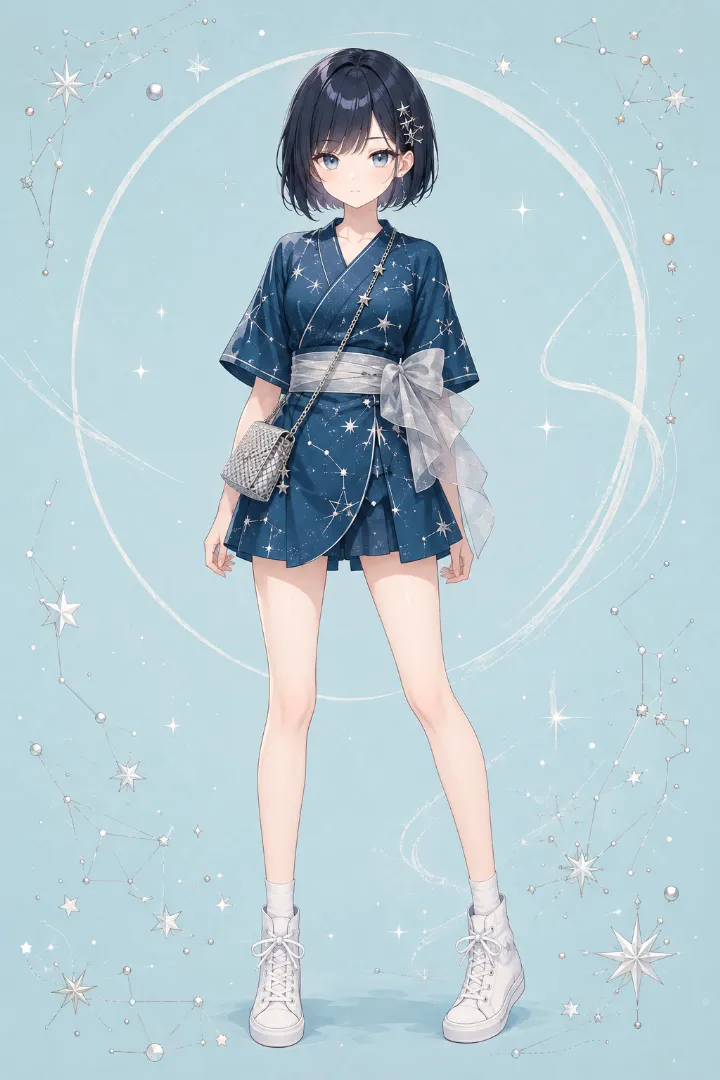 AIイラスト版｜ティールブルーの星座柄ミニ浴衣にキュロットと白スニーカーを合わせたコーデ