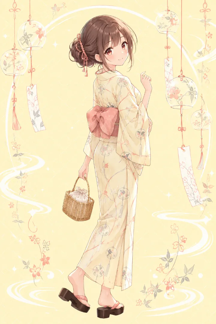 AIイラスト版｜淡い黄色の風鈴柄浴衣にサーモンピンクの半幅帯を合わせた浴衣コーデ