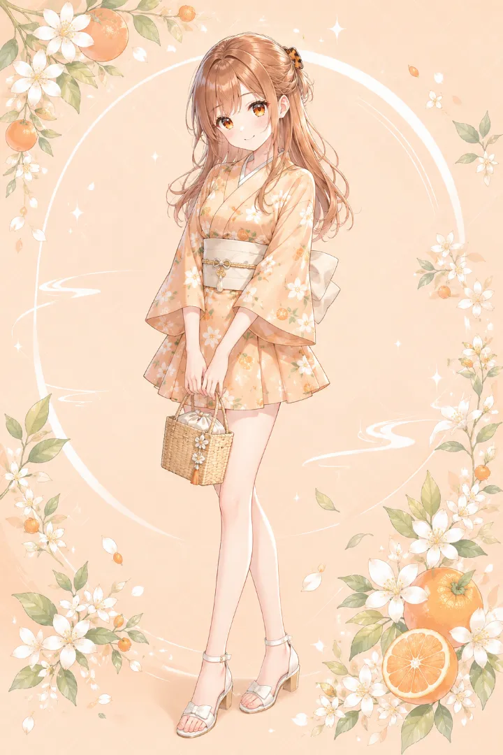 AIイラスト版｜アプリコットの橘柄を使ったミニ丈の二部式浴衣コーデ