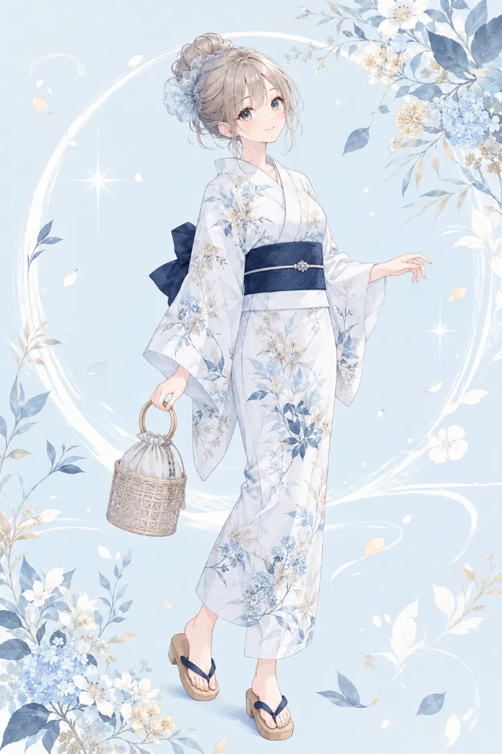 AIイラスト版｜淡い水彩ボタニカル柄浴衣に濃紺の半幅帯を合わせた浴衣コーデ