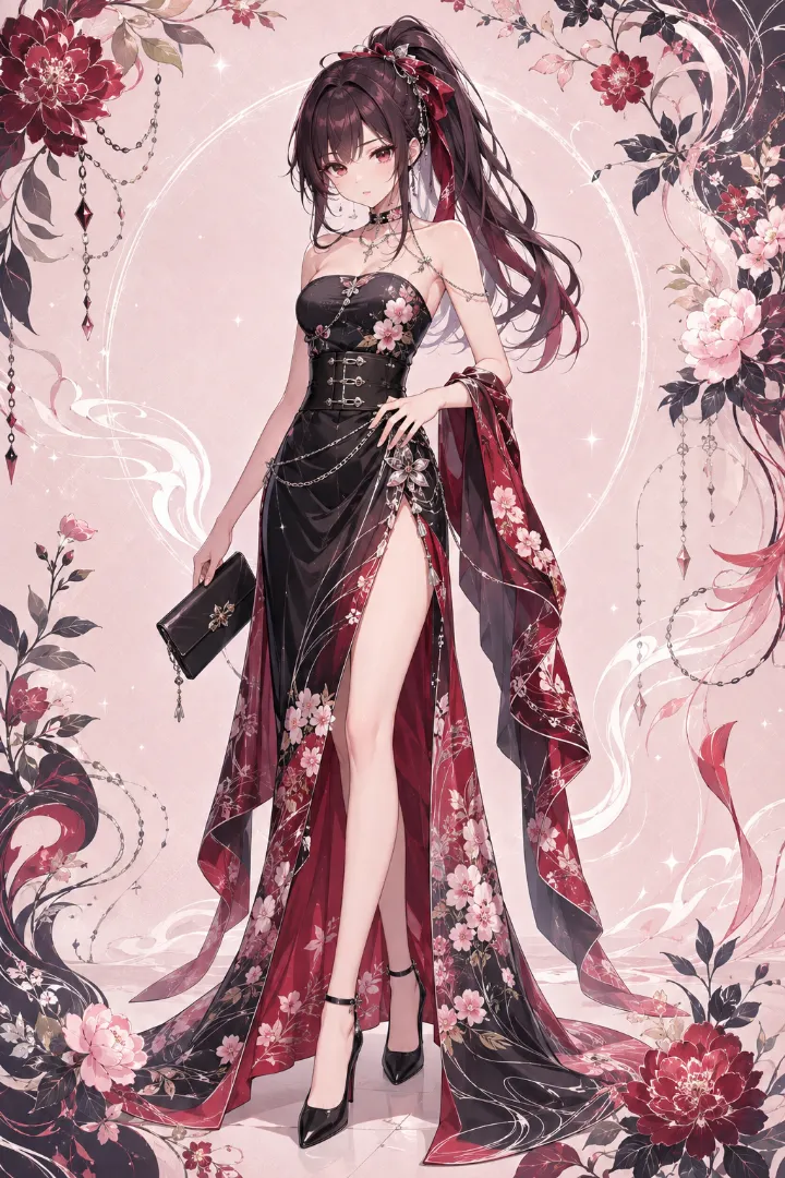AIイラスト版｜黒地の大花柄ストラップレス浴衣ドレスをコルセットで締めたコーデ