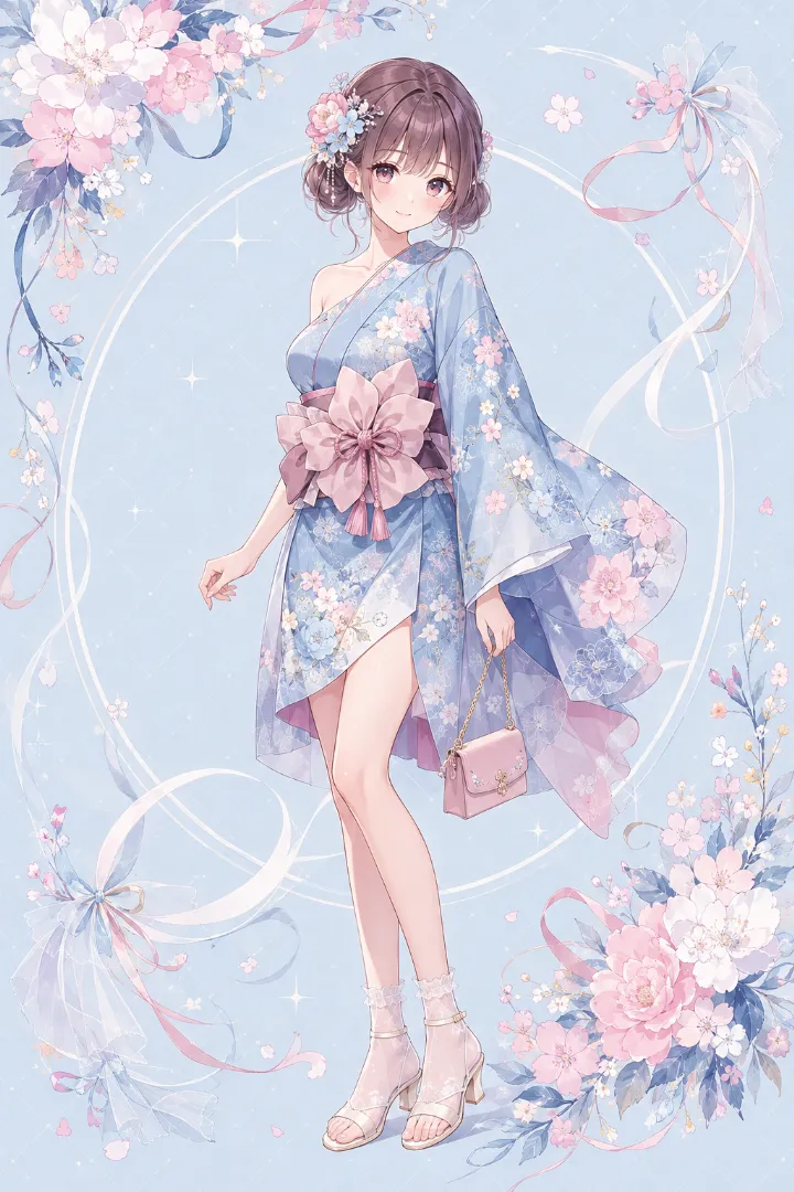 AIイラスト版｜サックスブルーの花柄ワンショルダー浴衣に前リボン帯を合わせたコーデ