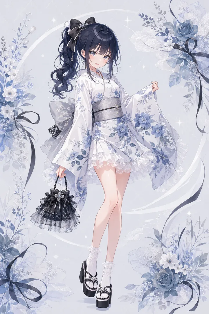 AIイラスト版｜寒色の水彩柄ミニ浴衣に白チュールと黒リボンを合わせたコーデ