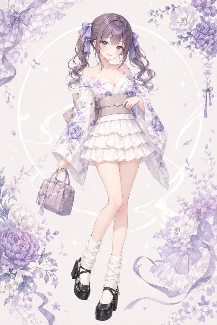 AIイラスト版｜ラベンダー花柄のオフショルダー浴衣に白ティアードスカートを合わせたコーデ