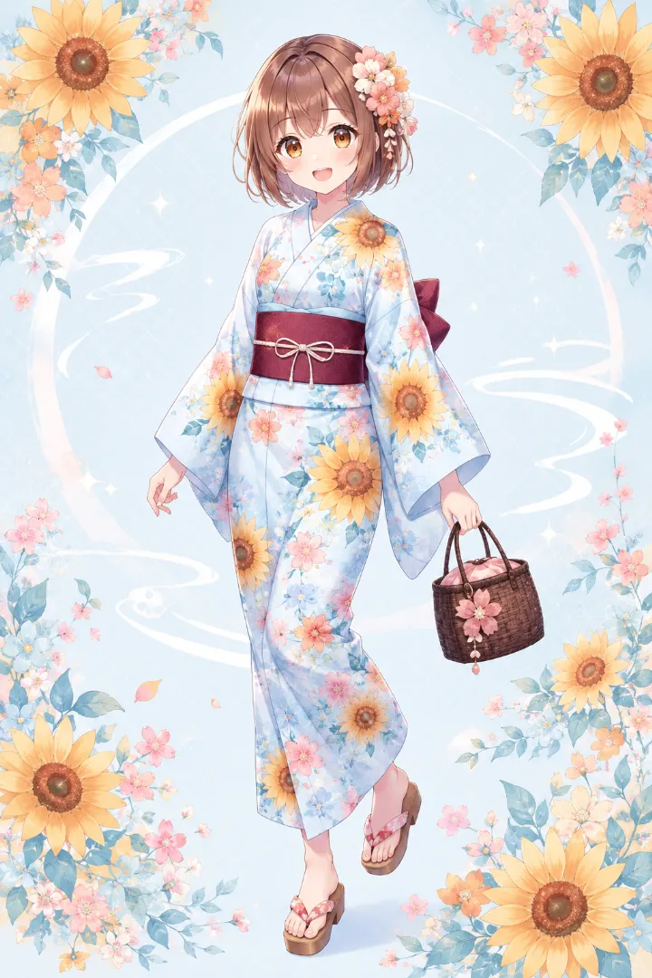 AIイラスト版｜水色の向日葵柄浴衣にボルドーの半幅帯を合わせた浴衣コーデ