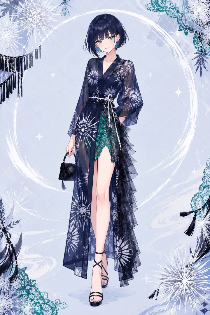 AIイラスト版｜星形絞り柄のロングシアー浴衣を白コードベルトで締めたモードコーデ