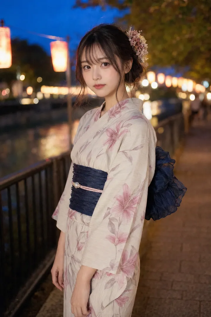 実写AI美女版｜くすみピンクの百合柄浴衣にネイビーの兵児帯を合わせた浴衣コーデ