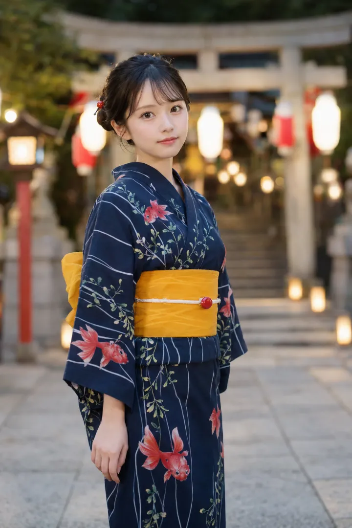 実写AI美女版｜濃紺の金魚と水草柄浴衣にマスタードの兵児帯を合わせた浴衣コーデ