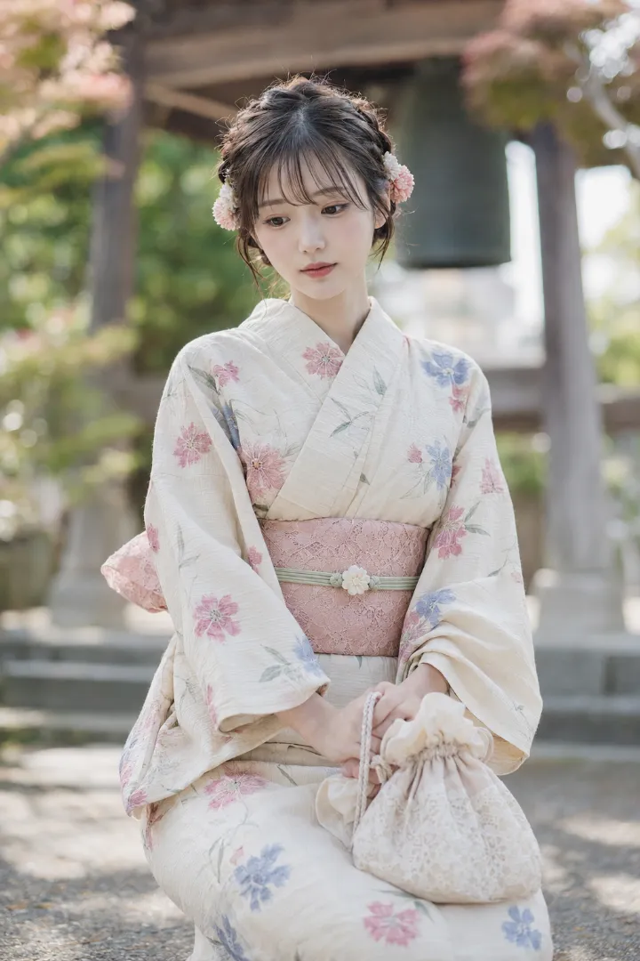実写AI美女版｜アイボリーの撫子柄浴衣にペールピンクの兵児帯を合わせた浴衣コーデ