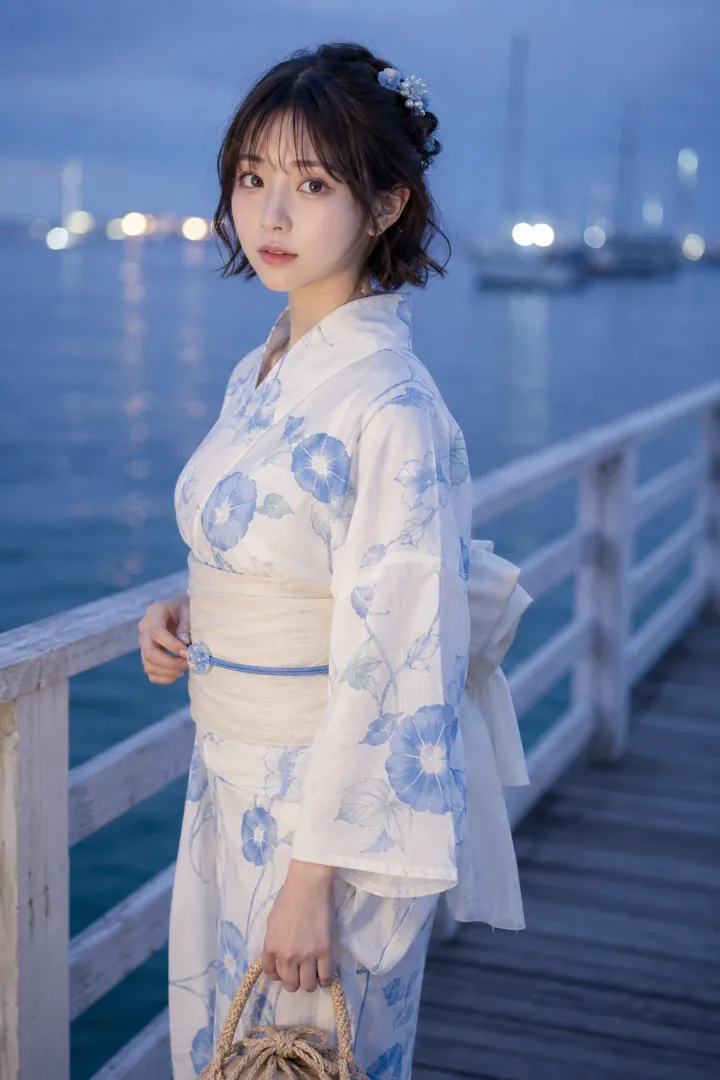 実写AI美女版｜白地の水色朝顔柄浴衣にアイボリーの兵児帯を合わせた浴衣コーデ
