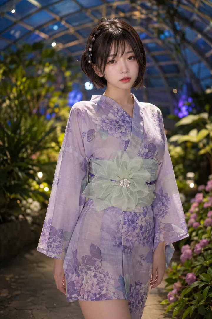 実写AI美女版｜ライラックの紫陽花柄浴衣にミントグリーンの兵児帯を合わせた浴衣コーデ