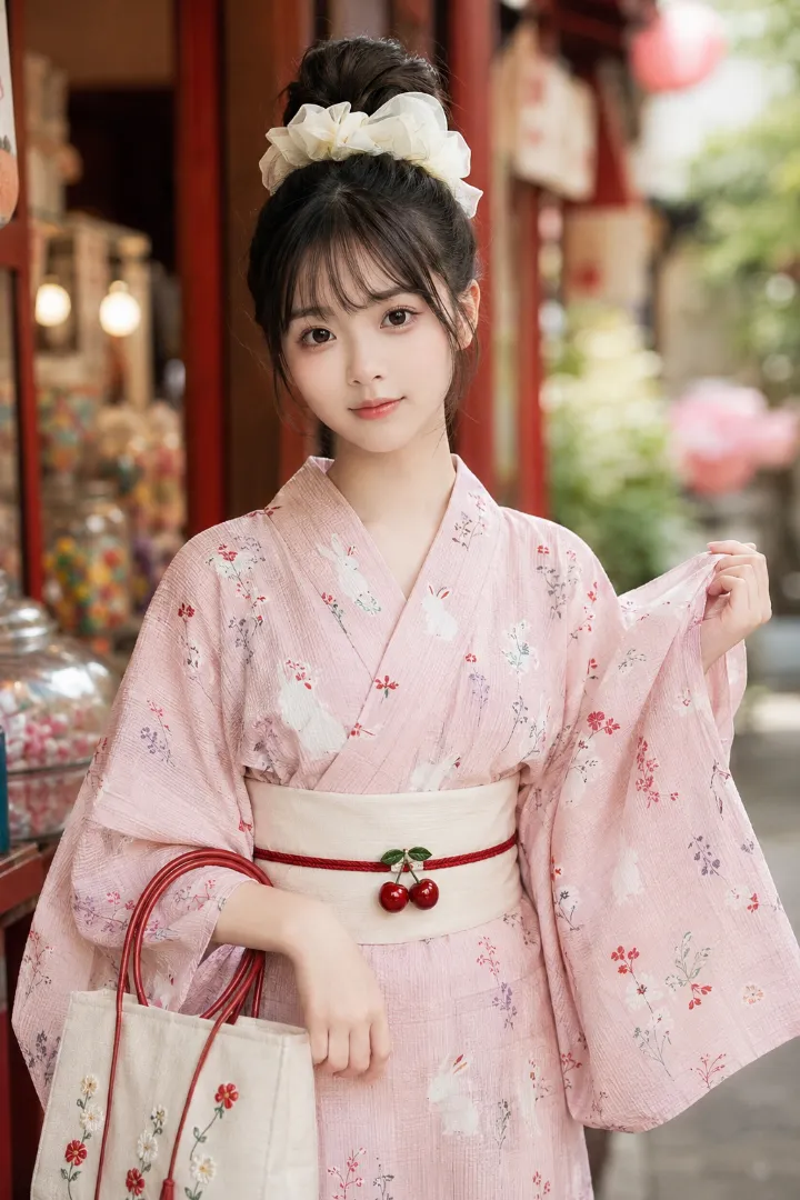 実写AI美女版｜淡いピンクのうさぎと野草柄浴衣にクリームの半幅帯を合わせた浴衣コーデ