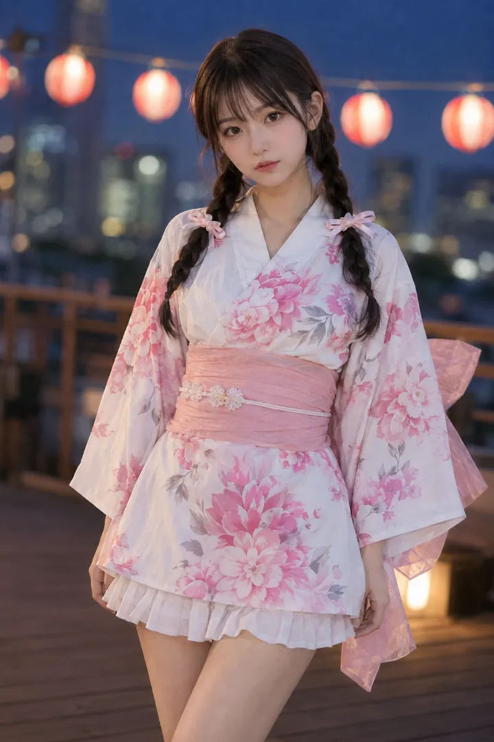 実写AI美女版｜白地のピンク牡丹柄ミニ浴衣に白フリルを重ねたコーデ