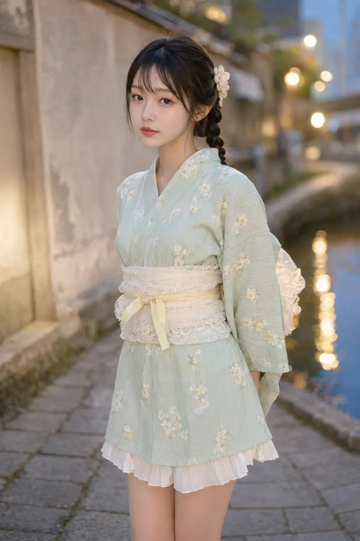 実写AI美女版｜ミントグリーンの小花柄ミニ浴衣に白プリーツスカートを重ねたコーデ
