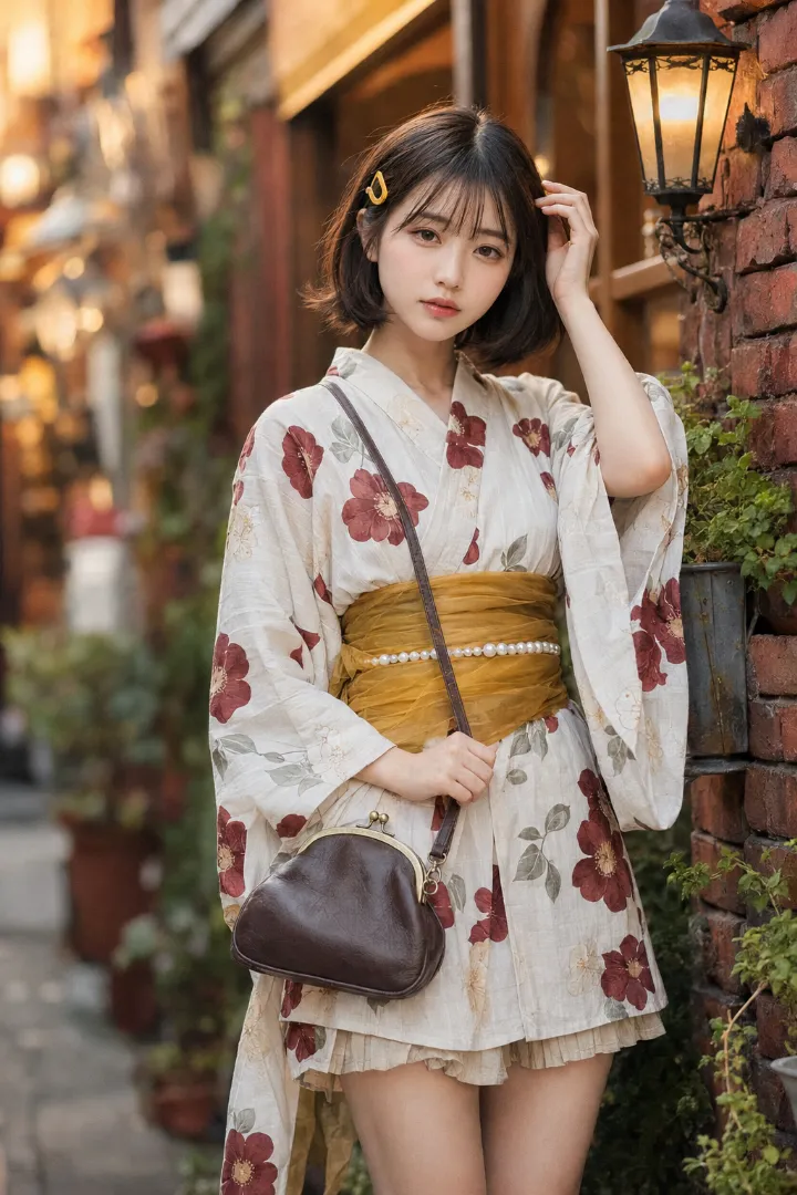 実写AI美女版｜オフホワイトの椿柄ミニ浴衣にローファーを合わせた和洋ミックスコーデ